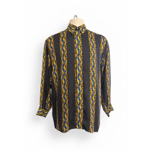 VTG Versace Classic V2 Shirt Baroque Black Blue Stripe Mens Large Italy Silk